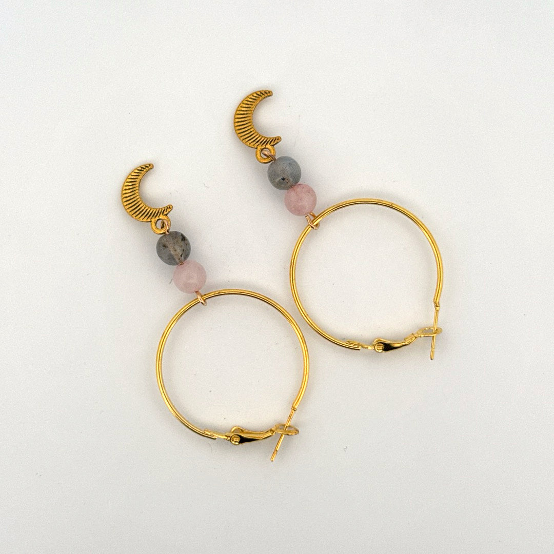 Rose Quartz and Labradorite Moon Handmade Hoop Earrings