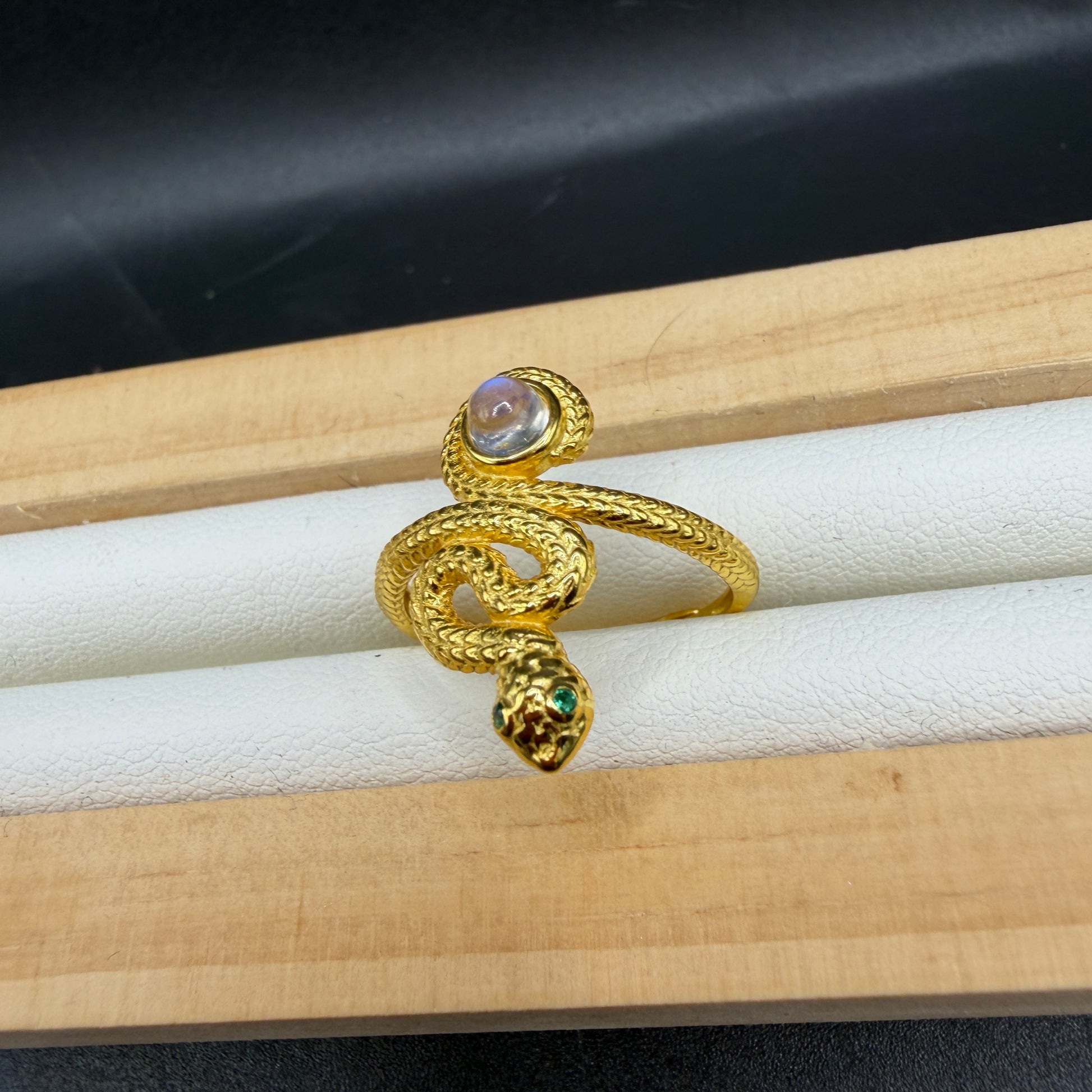 Moonstone Snake S925 Adjustable Gold Played Ring