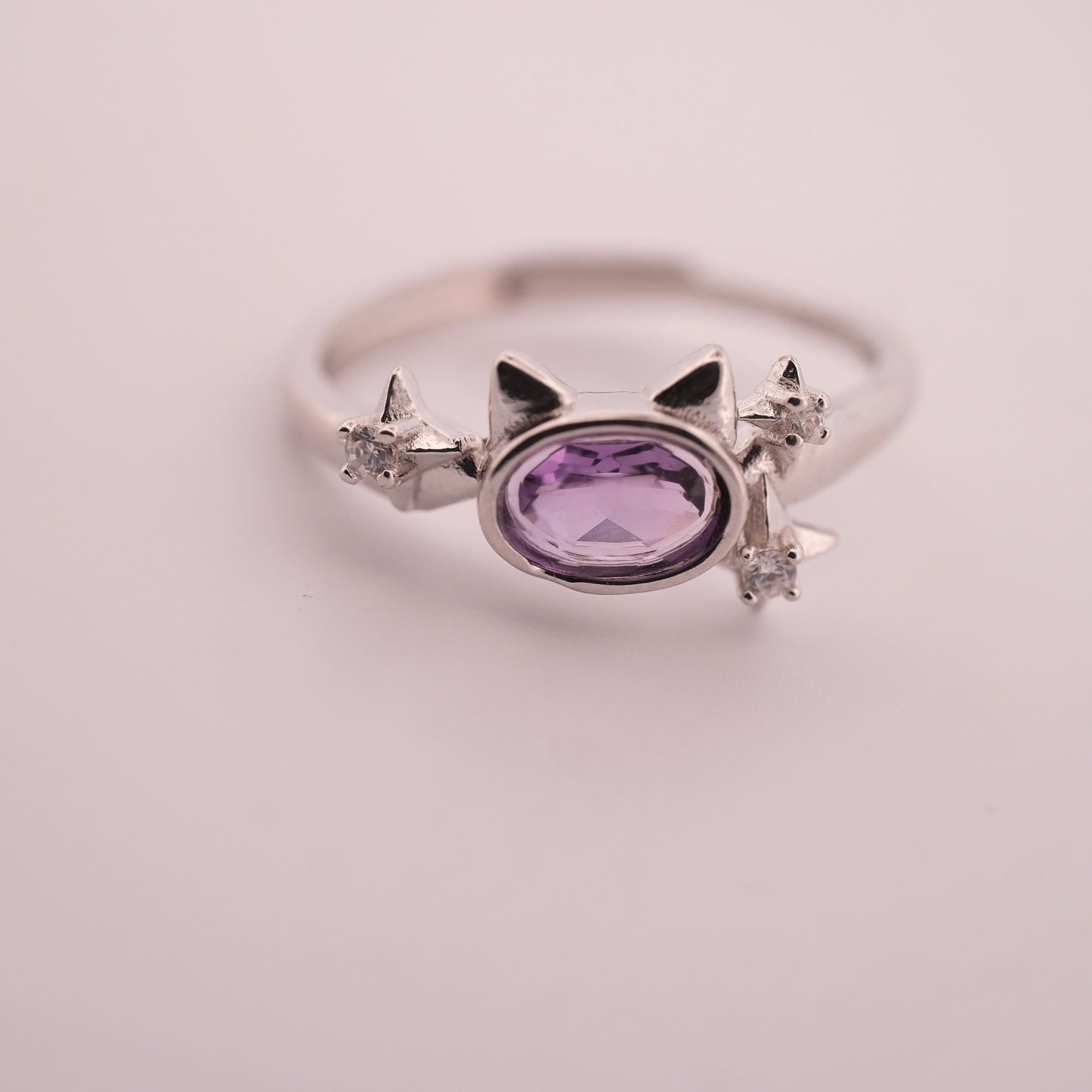 Amethyst Cat and Star S925 Adjustable Ring