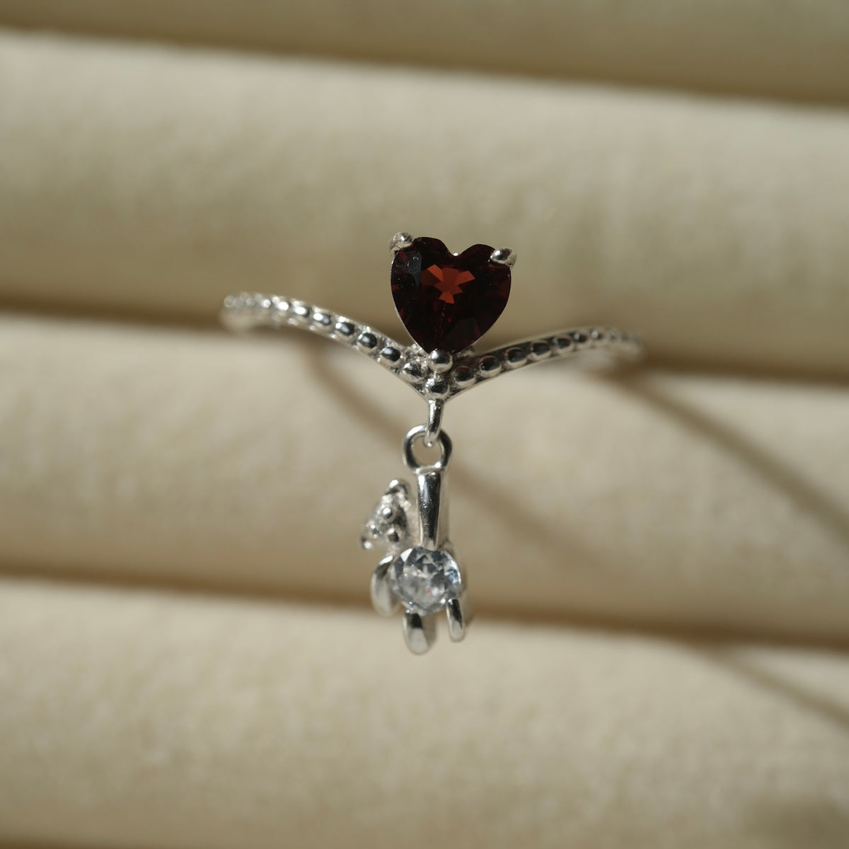 Garnet Heart & Text Teddy S925 Adjustable Ring • Courage • Passion • Confidence