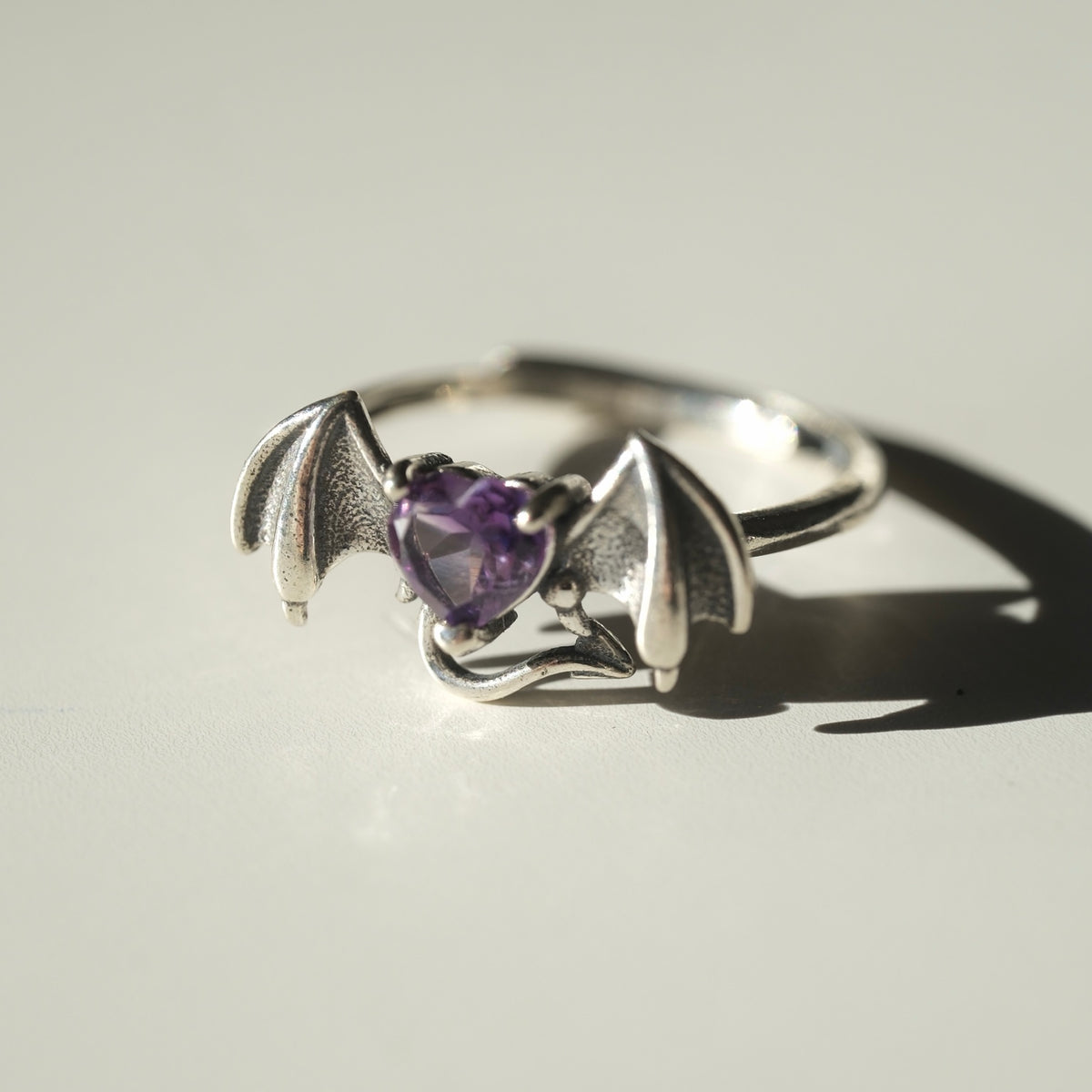 Halloween Amethyst Heart Bat Ring | Calm, Intuition & Protection