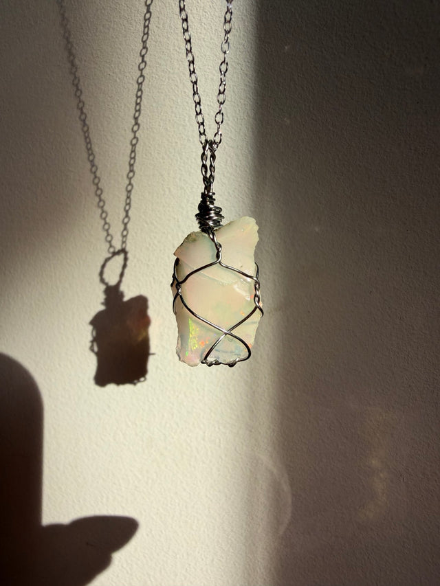 Handmade Ethiopian Opal Wire Wrapped Necklace – Silver Tone