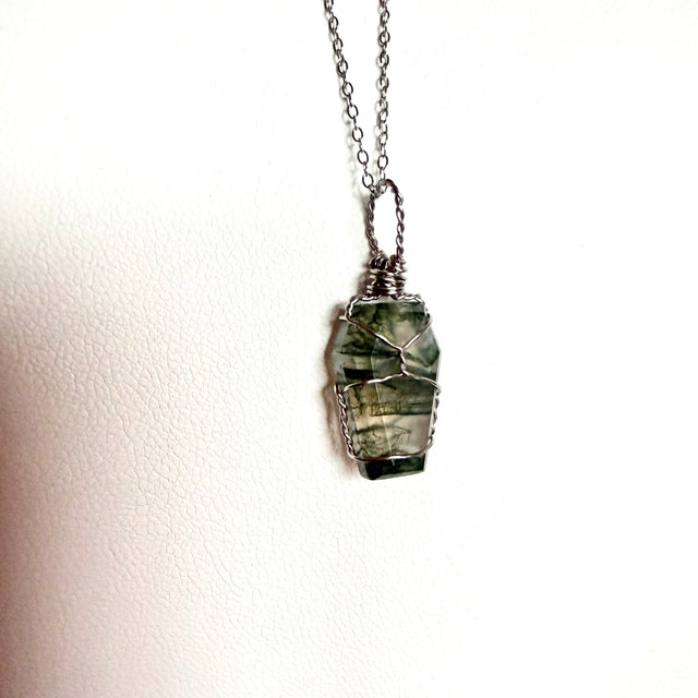 Handmade Moss Agate Halloween Coffin Necklace