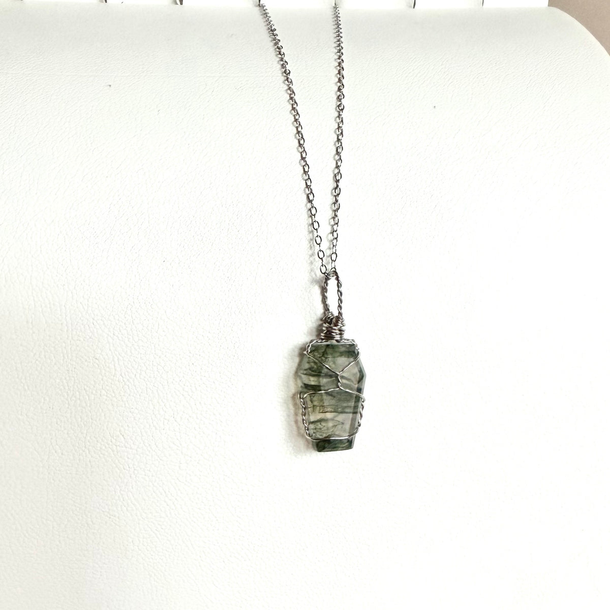 Handmade Moss Agate coffin pendant necklace, view 8