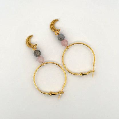Rose Quartz and Labradorite Moon Handmade Hoop Earrings