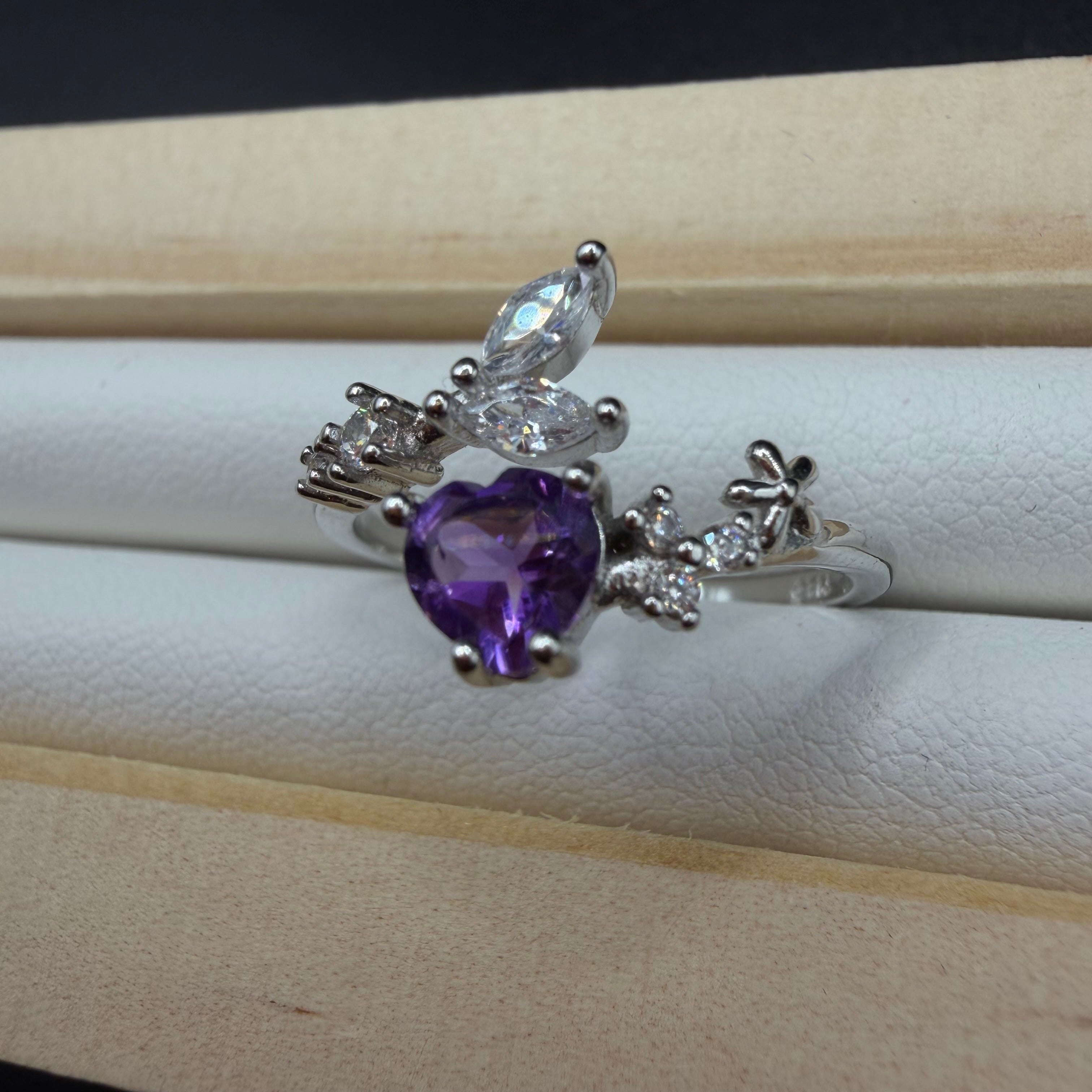 Amethyst Heart S925 Adjustable Ring