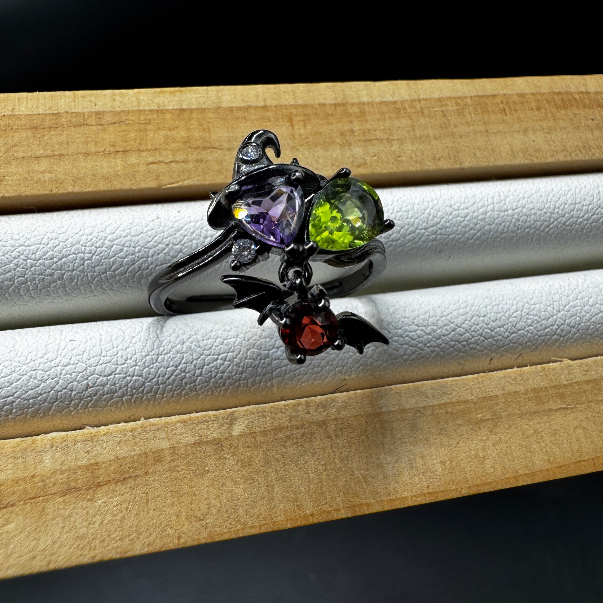 Garnet Amethyst and Peridot Witch S925 Halloween Ring