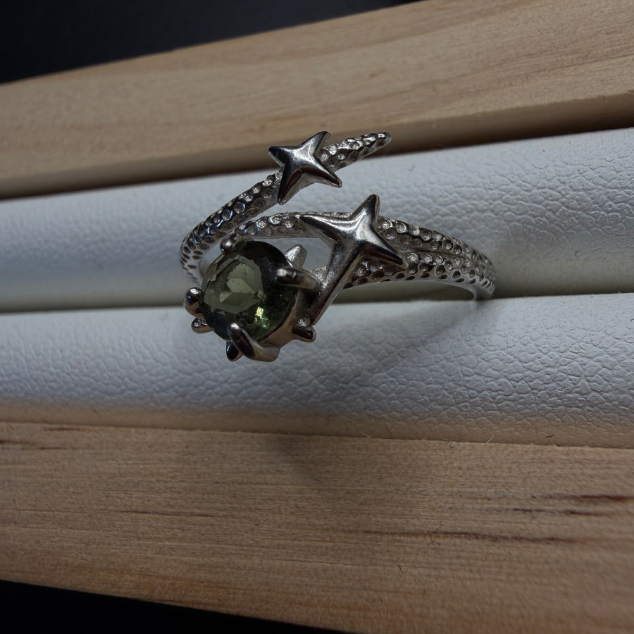 Moldavite Star S925 Certified Adjustable Ring