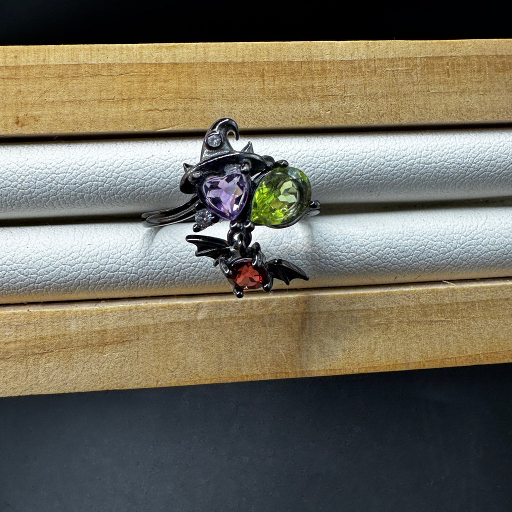 Garnet Amethyst and Peridot Witch S925 Halloween Ring