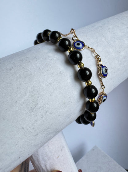 Golden Sheen Obsidian Evil Eye Double Bracelet