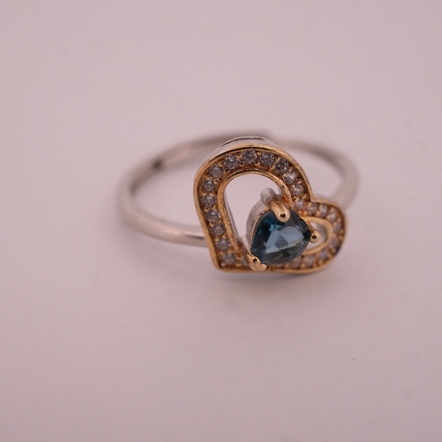 Gold and Silver Sapphire Heart S925 Adjustable Ring