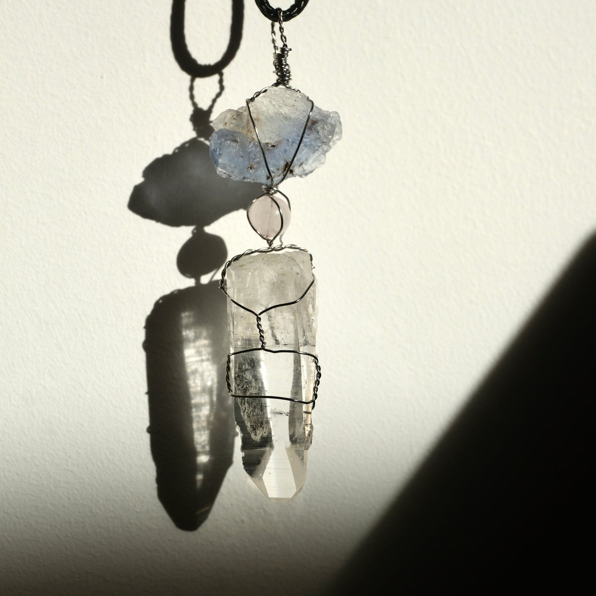 Handmade Lemurian Rose Quartz Blue Fluorite Necklace
