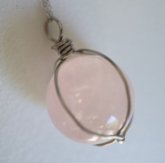 Rose Quartz Sphere Handmade Necklace on S925 Chain
