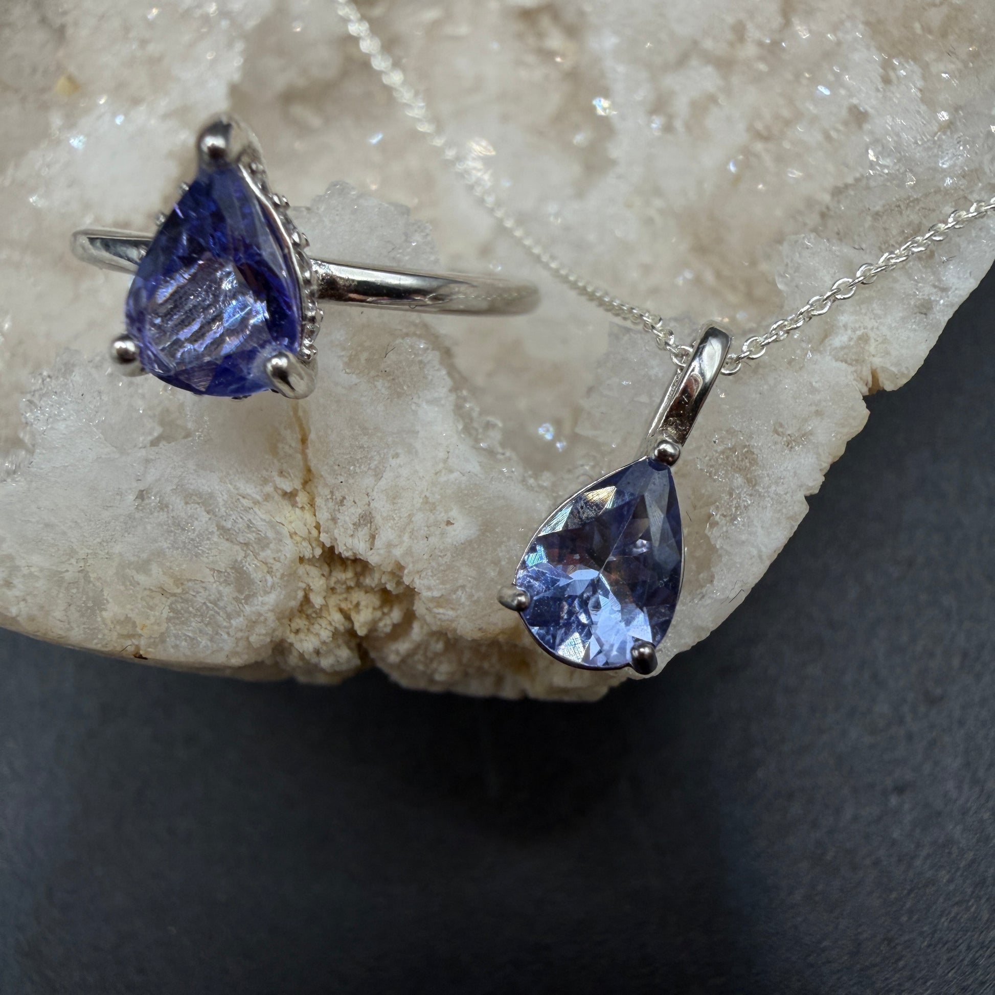 Tanzanite Teardrop Ring and Necklace S925 Certified Set