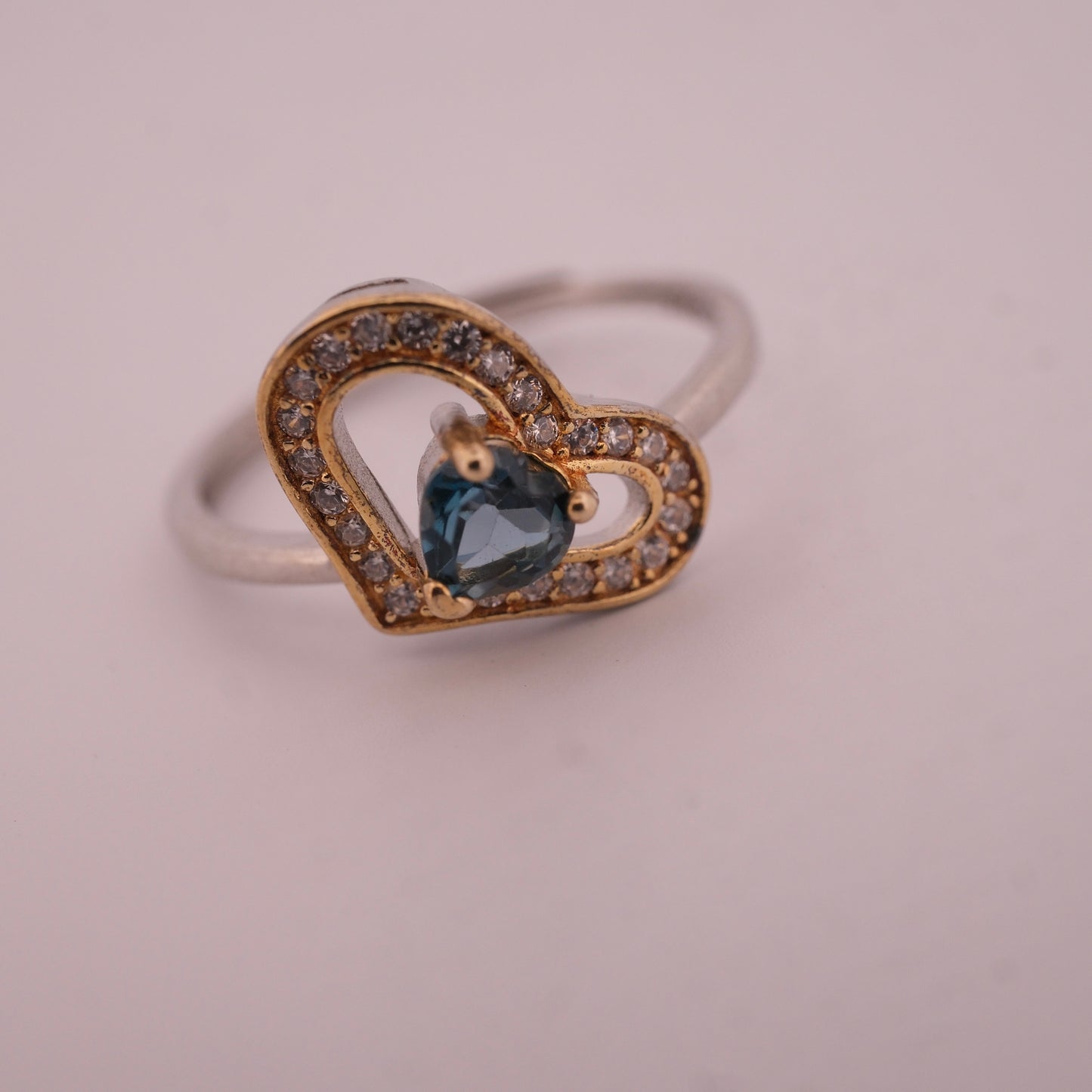 Gold and Silver Sapphire Heart S925 Adjustable Ring