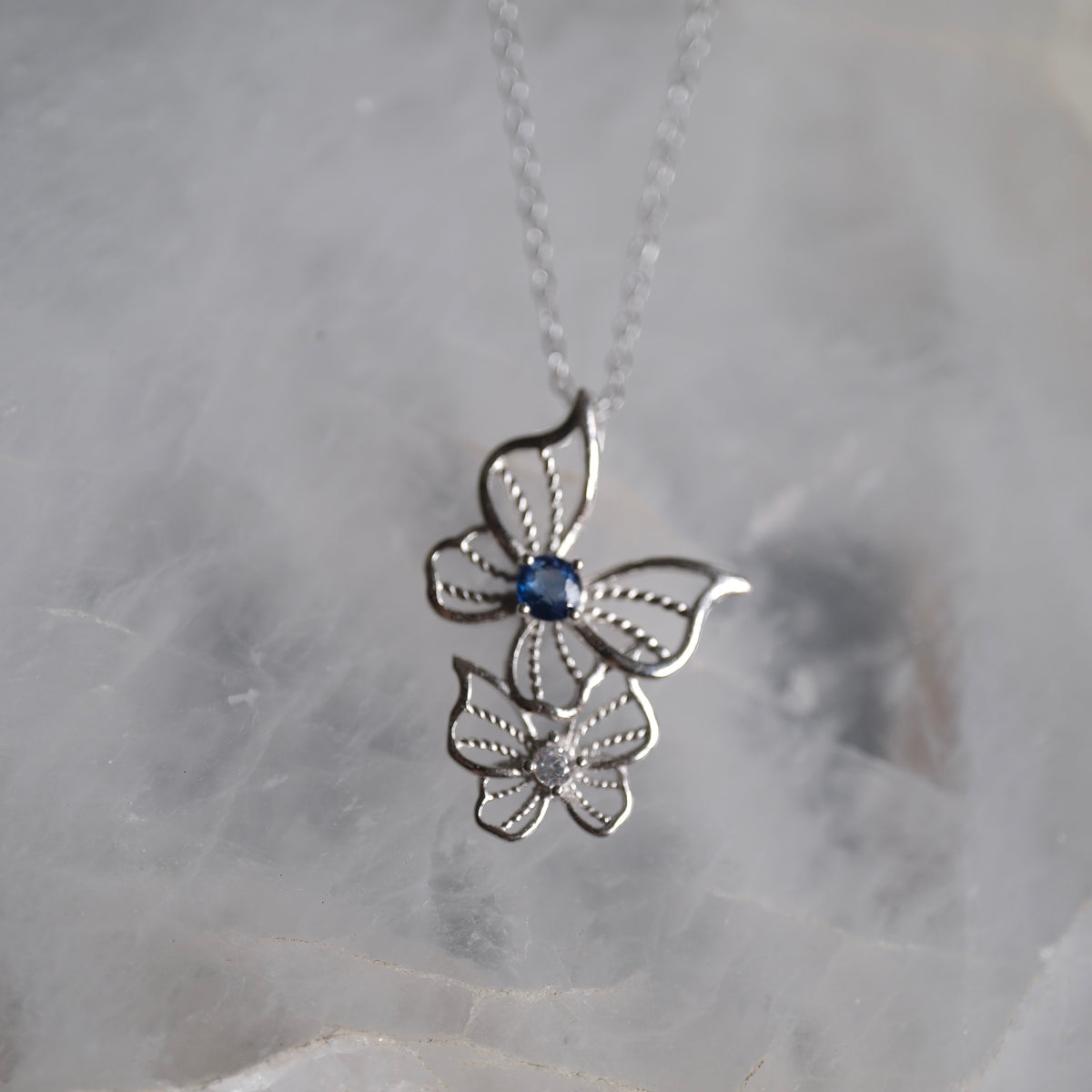 Sapphire and Clear Quartz Butterfly S925 Necklace