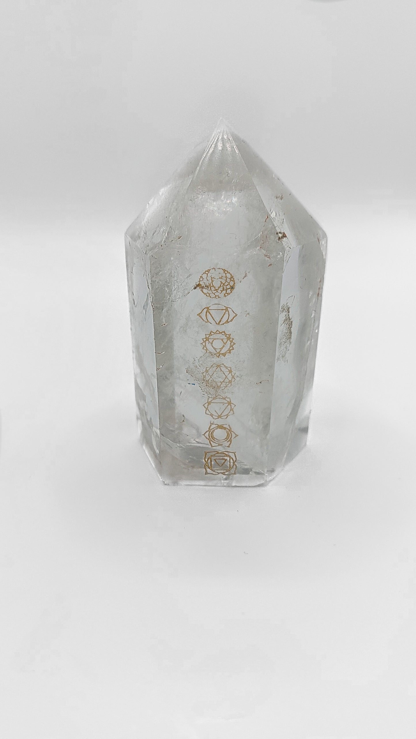 Large Chakra Engraved Clear Quartz Tower