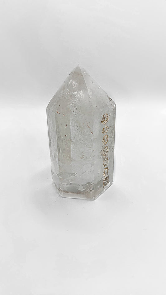 Large Chakra Engraved Clear Quartz Tower