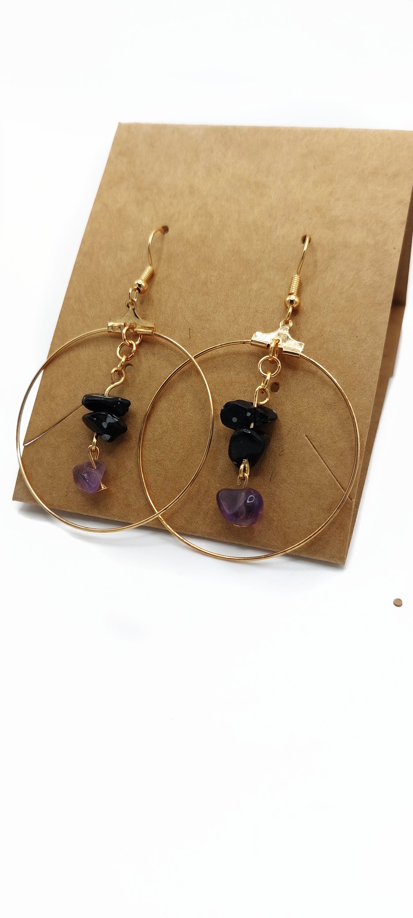 Snowflake Obsidian and Amethyst Hoop Earrings