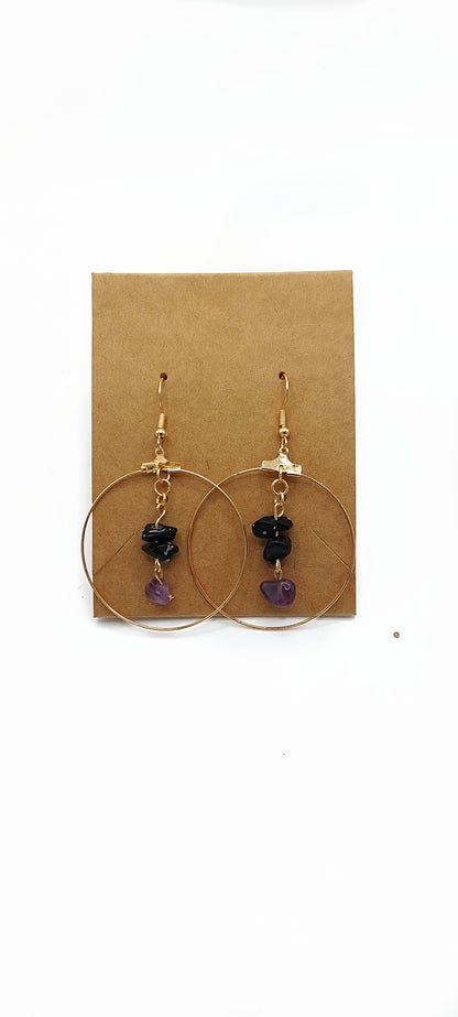 Snowflake Obsidian and Amethyst Hoop Earrings