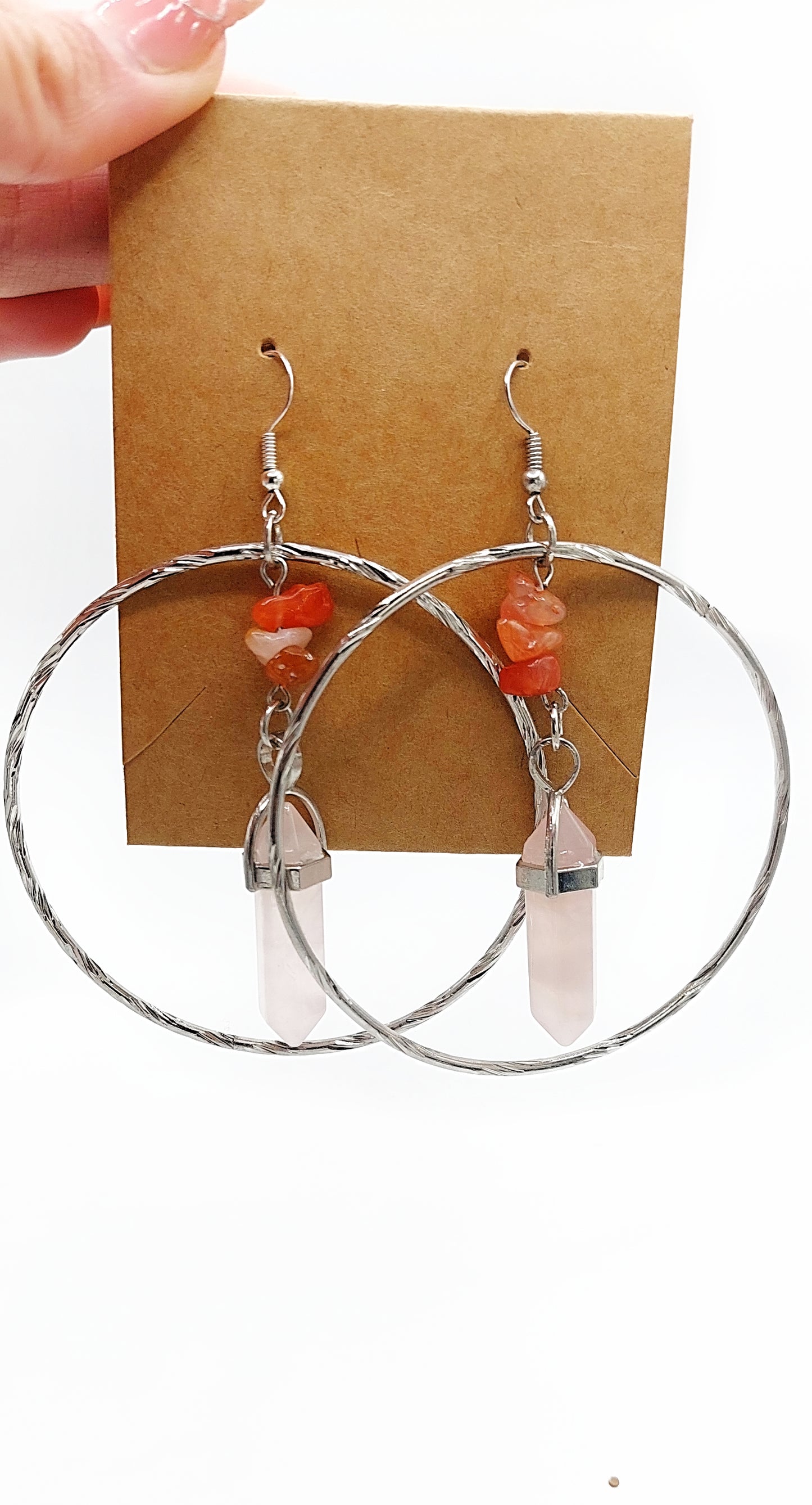 Large Carnelian Rose Quartz Hoop Earrings