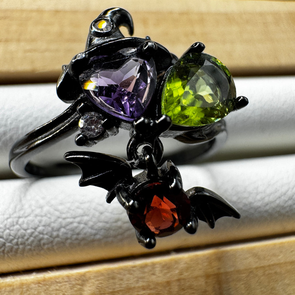Garnet Amethyst and Peridot Witch S925 Halloween Ring