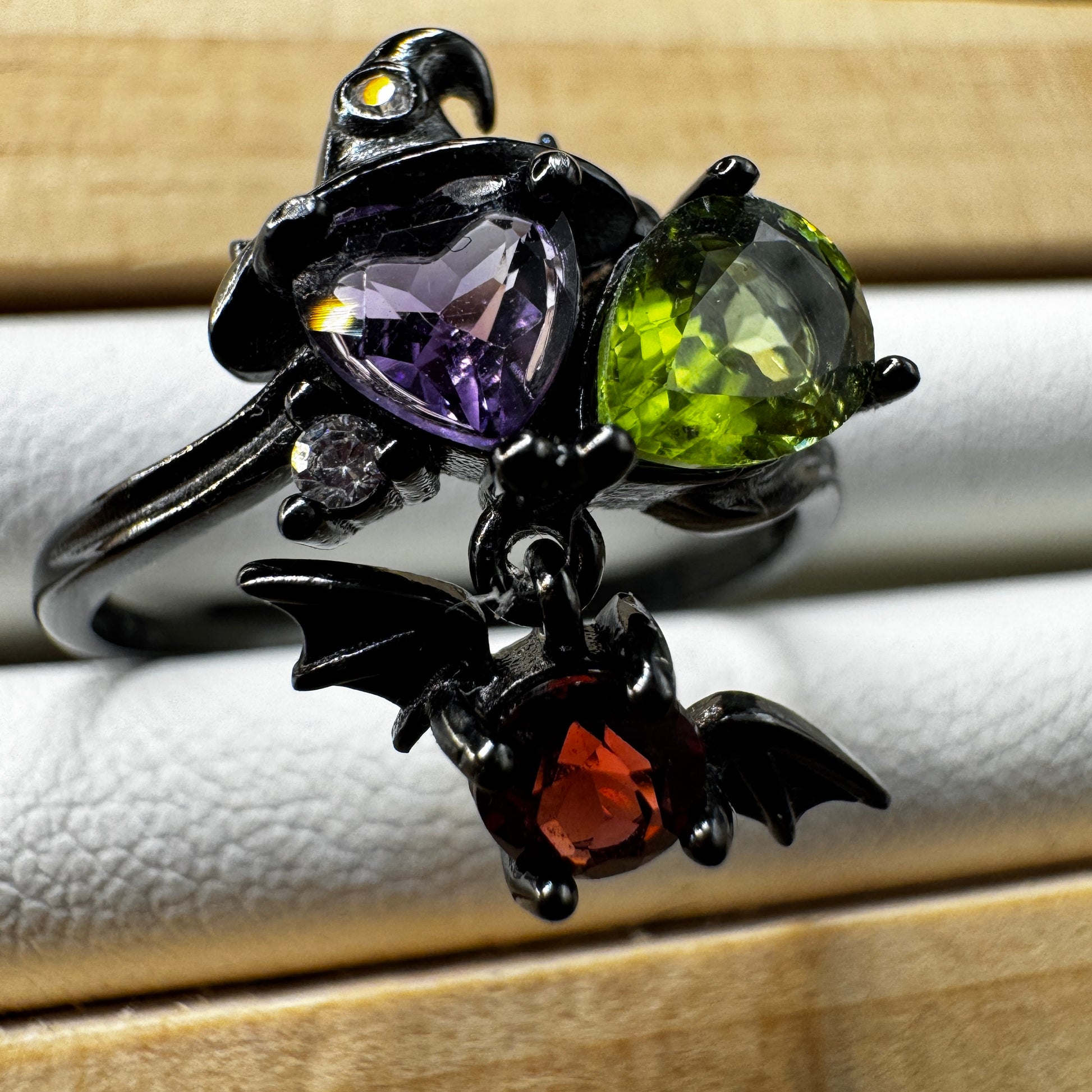 Garnet Amethyst and Peridot Witch S925 Halloween Ring