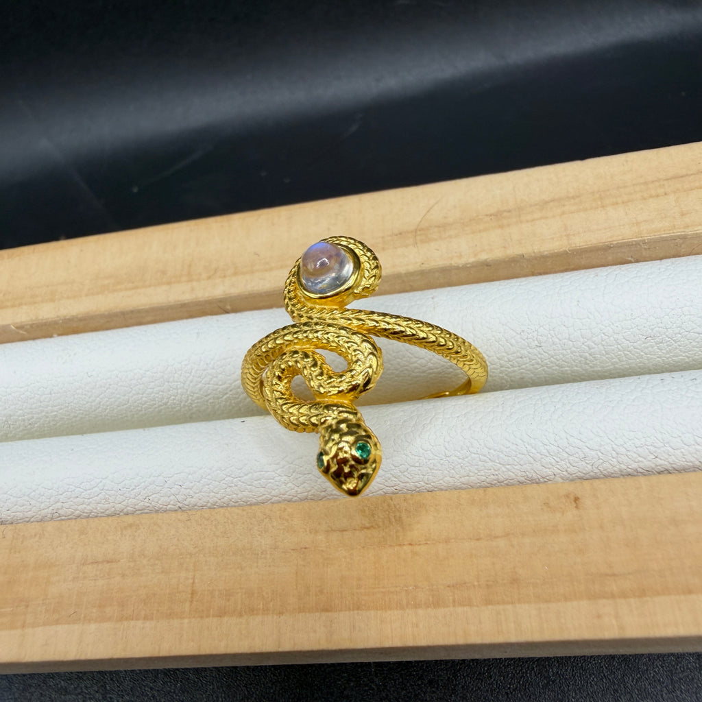 Moonstone Snake S925 Adjustable Gold Played Ring