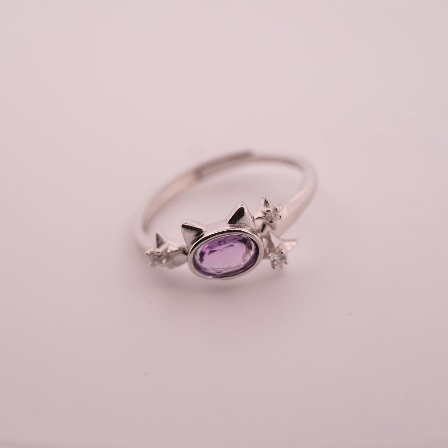 Amethyst Cat and Star S925 Adjustable Ring