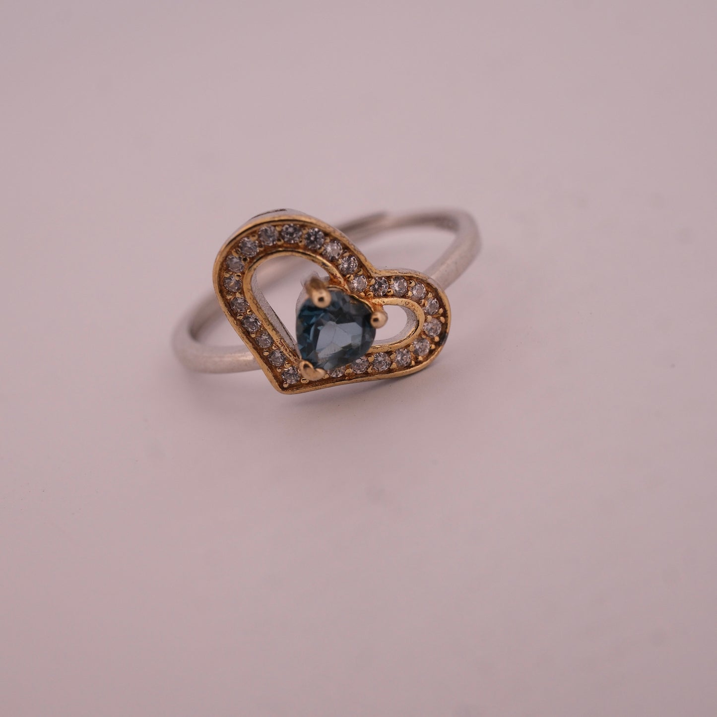 Gold and Silver Sapphire Heart S925 Adjustable Ring