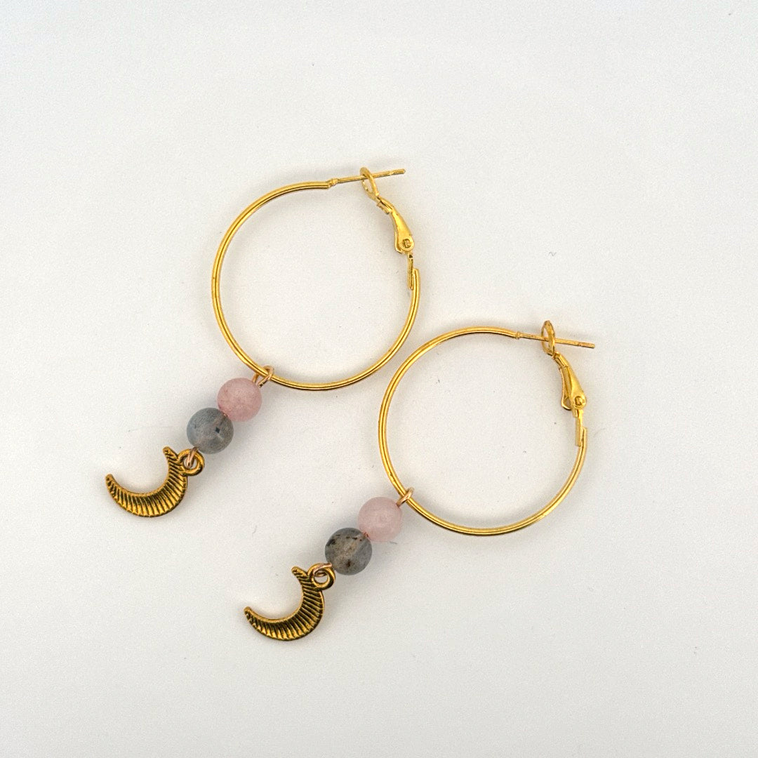 Rose Quartz and Labradorite Moon Handmade Hoop Earrings