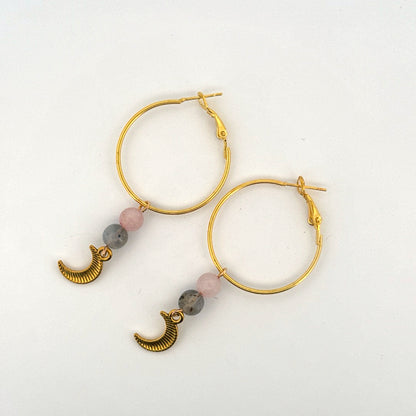 Rose Quartz and Labradorite Moon Handmade Hoop Earrings
