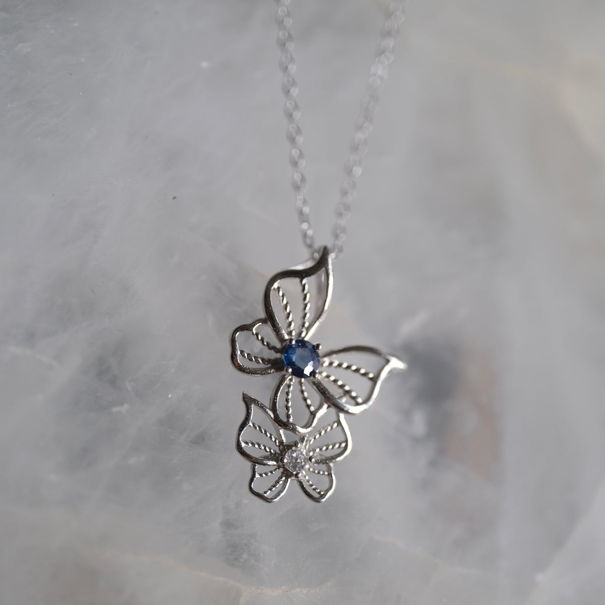 Sapphire and Clear Quartz Butterfly S925 Necklace