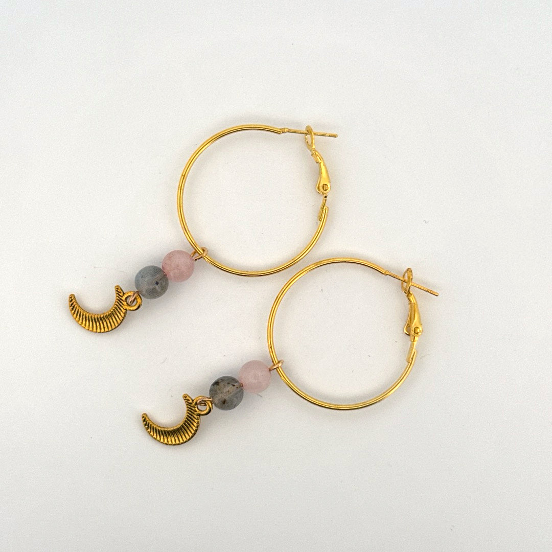 Rose Quartz and Labradorite Moon Handmade Hoop Earrings
