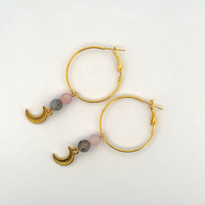 Rose Quartz and Labradorite Moon Handmade Hoop Earrings