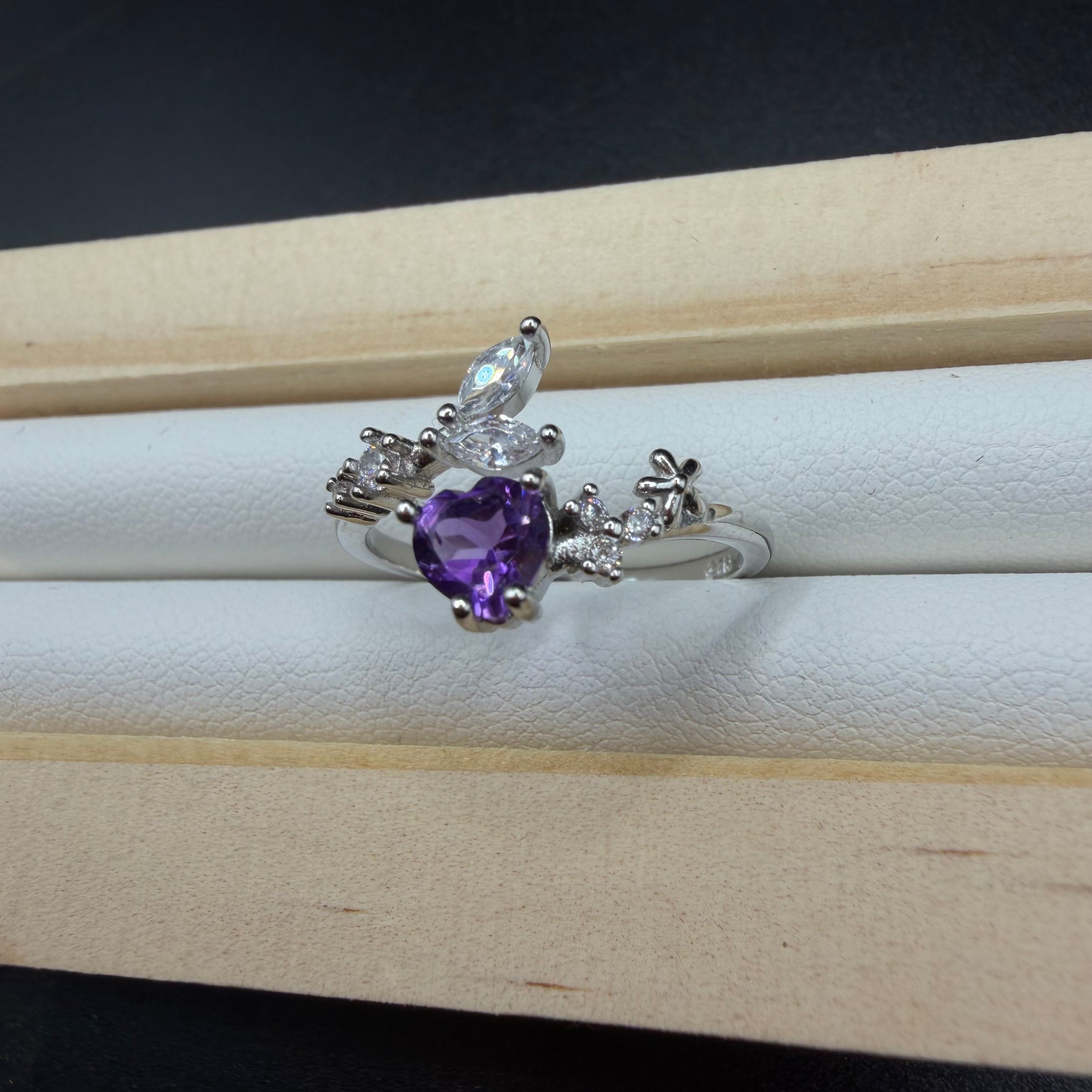 Amethyst Heart S925 Adjustable Ring