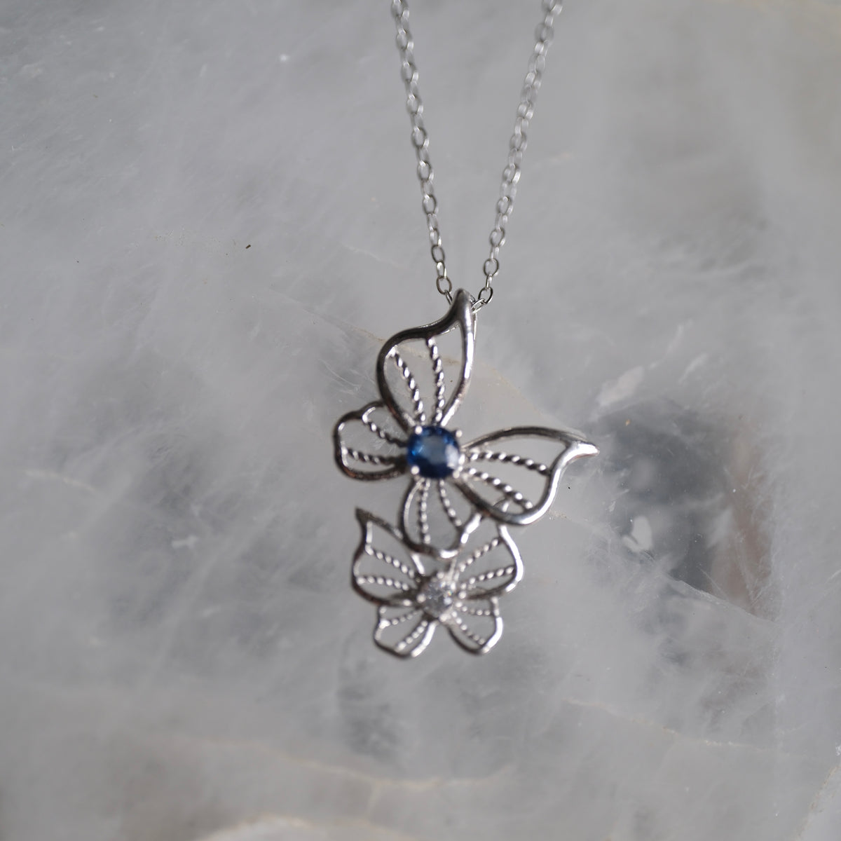 Sapphire and Clear Quartz Butterfly S925 Necklace