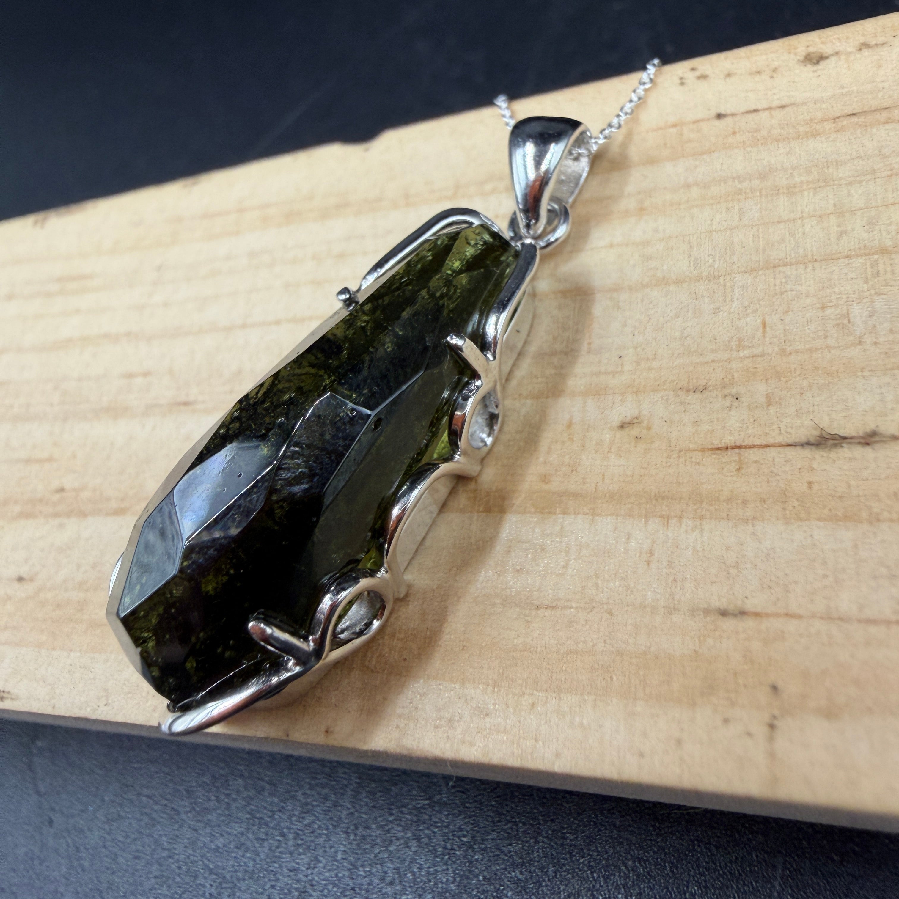 Large Moldavite Freeform S925 Certified Necklace
