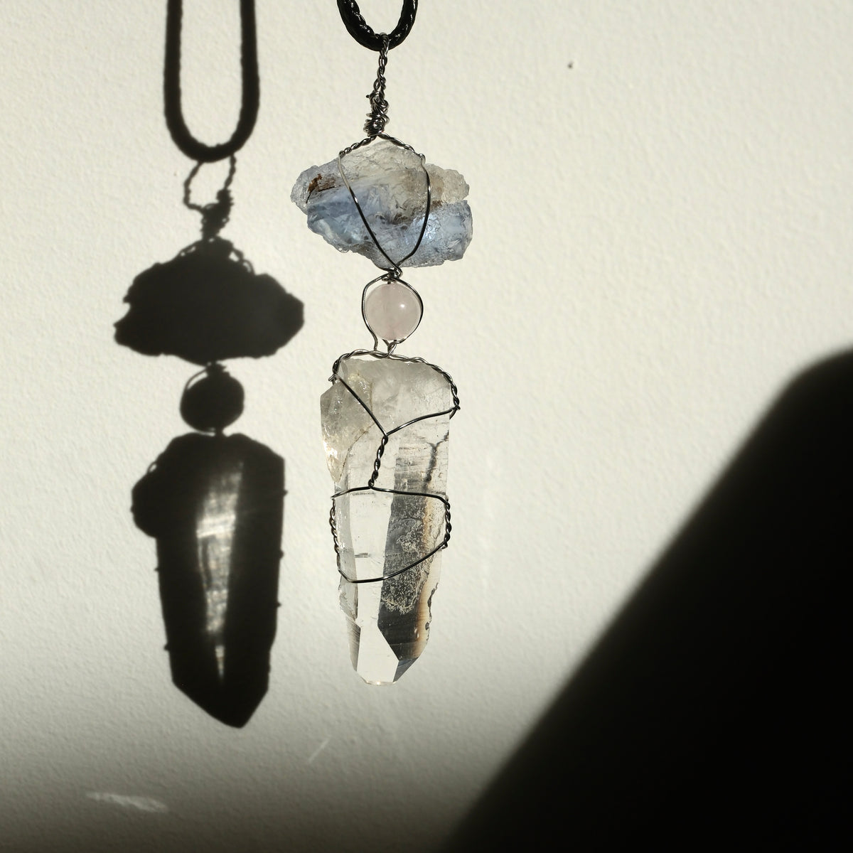 Handmade Lemurian Rose Quartz Blue Fluorite Necklace