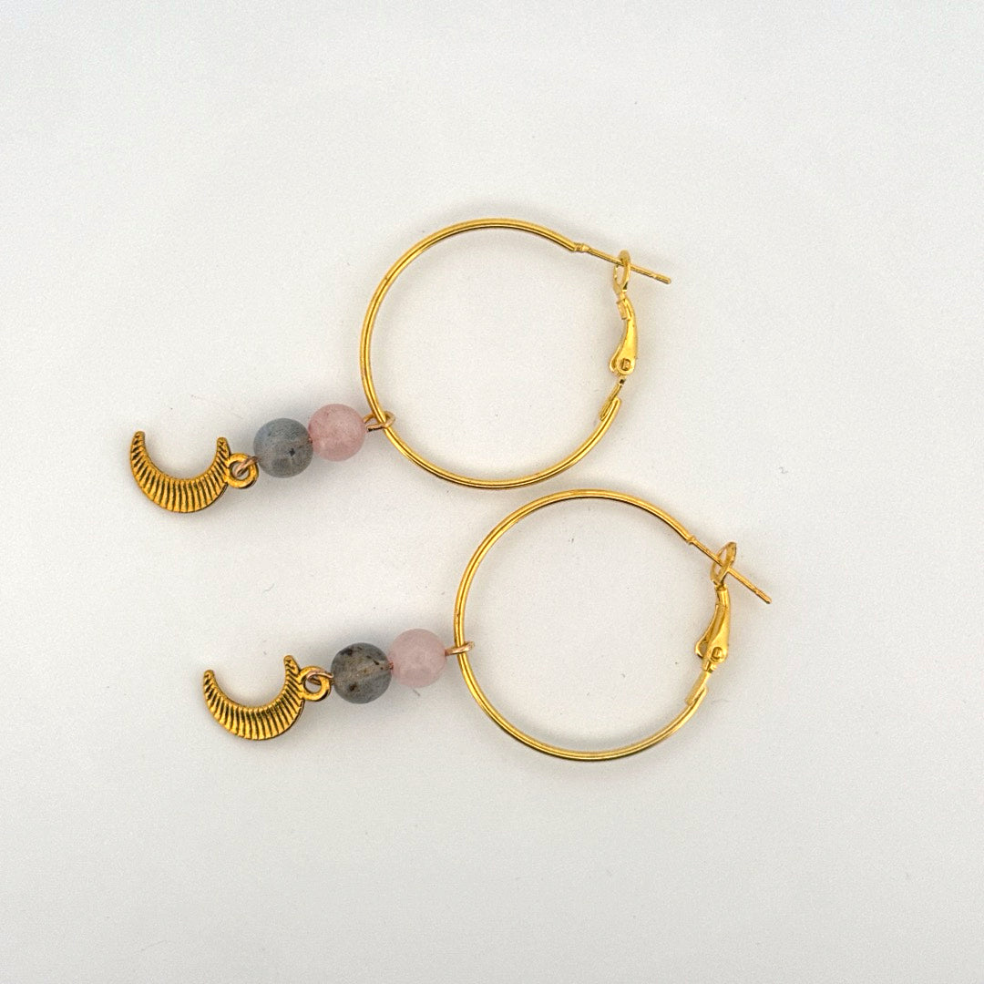 Rose Quartz and Labradorite Moon Handmade Hoop Earrings