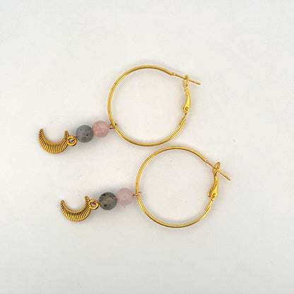 Rose Quartz and Labradorite Moon Handmade Hoop Earrings