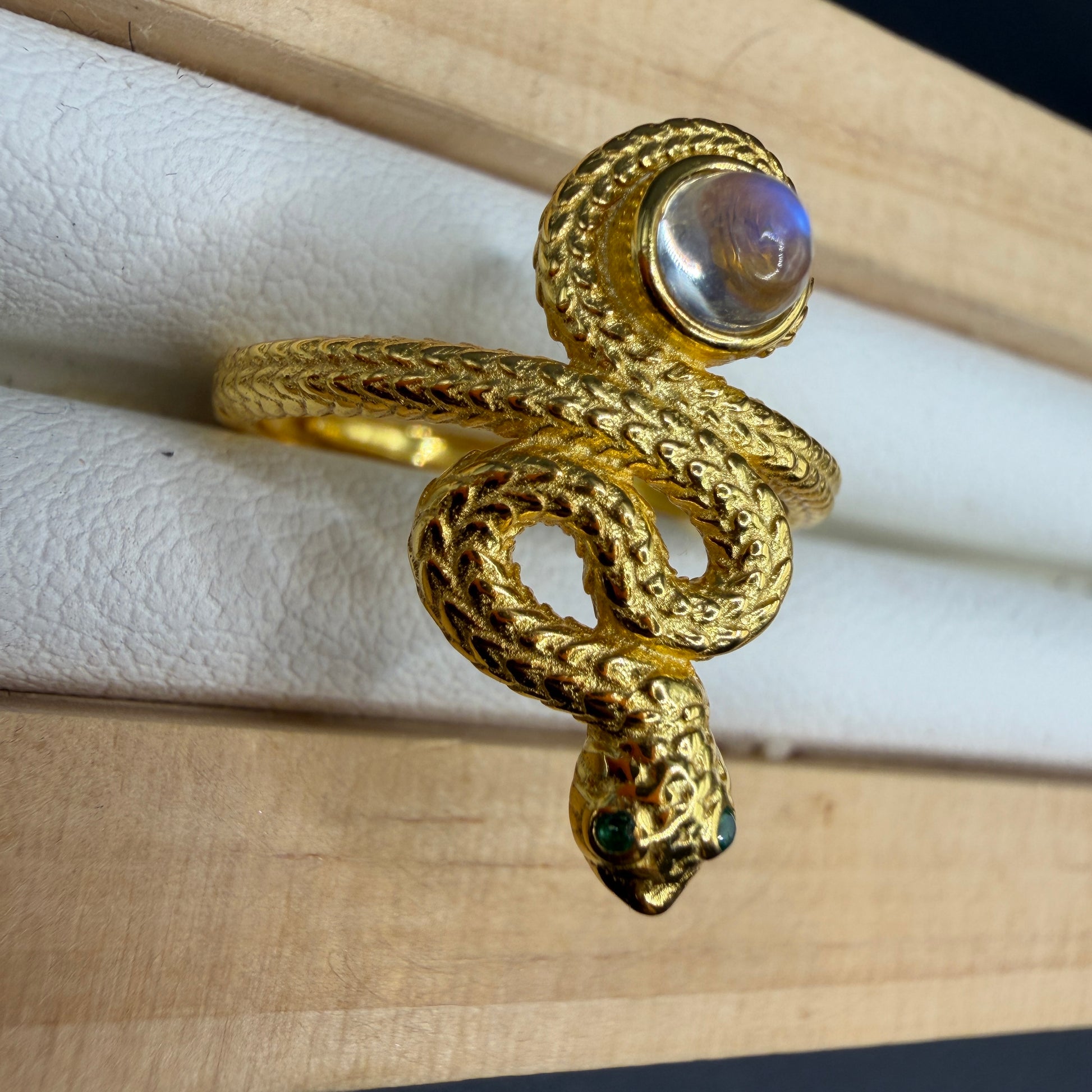 Moonstone Snake S925 Adjustable Gold Played Ring