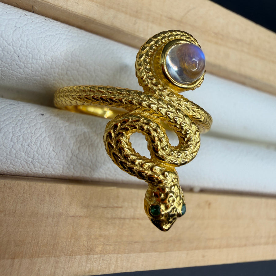 Moonstone Snake S925 Adjustable Gold Played Ring