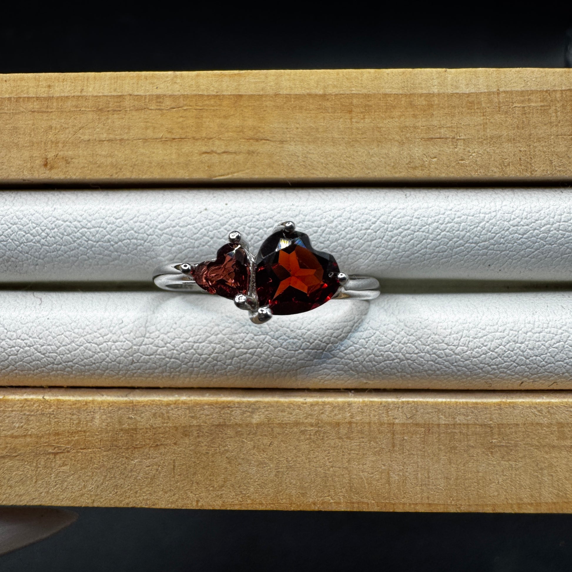 Garnet Double Heart S925 Adjustable Ring