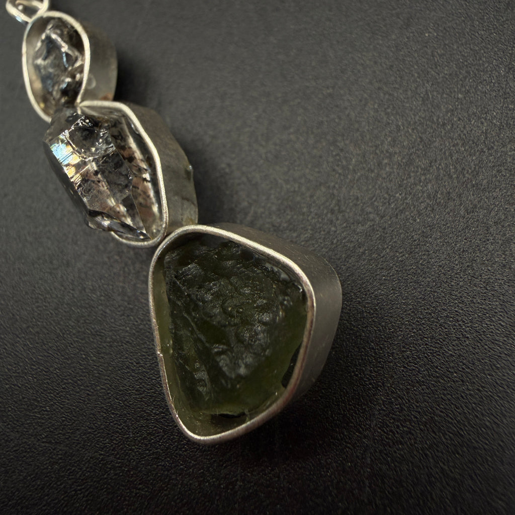 Moldavite Herkimer Diamond and Meteorite S925 Certified Necklace