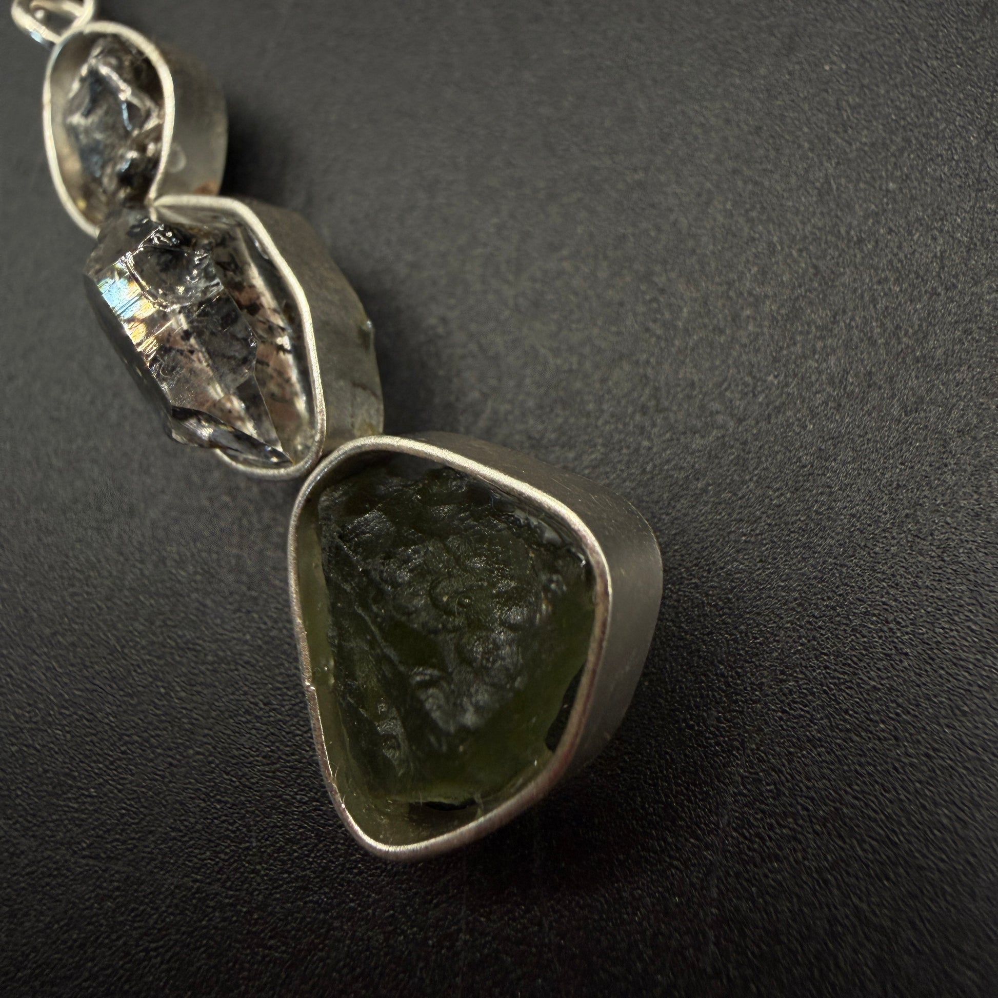 Moldavite Herkimer Diamond and Meteorite S925 Certified Necklace