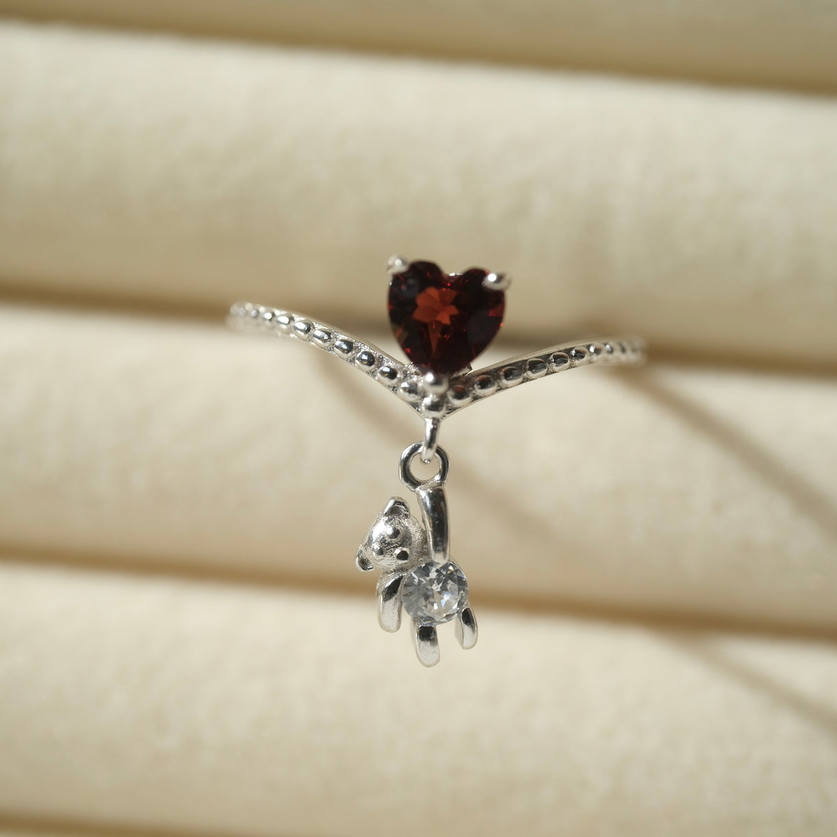 Garnet Heart & Text Teddy S925 Adjustable Ring • Courage • Passion • Confidence