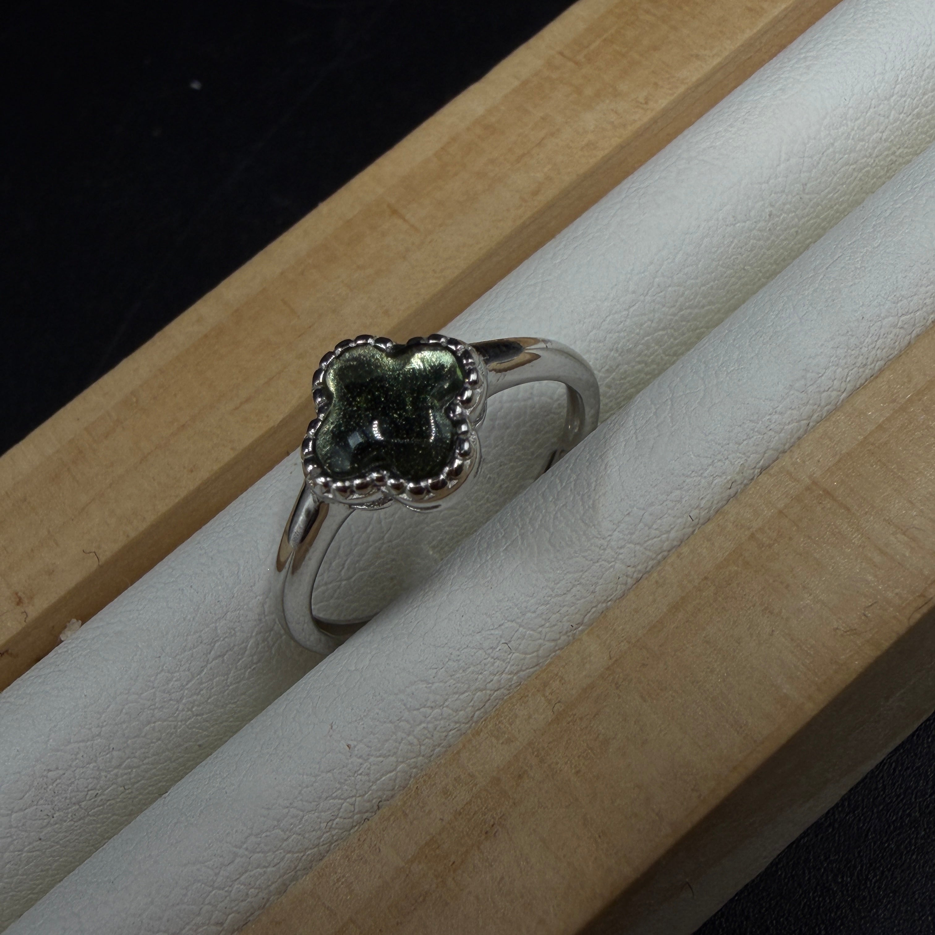 Moldavite Clover S925 Adjustable Certified Ring