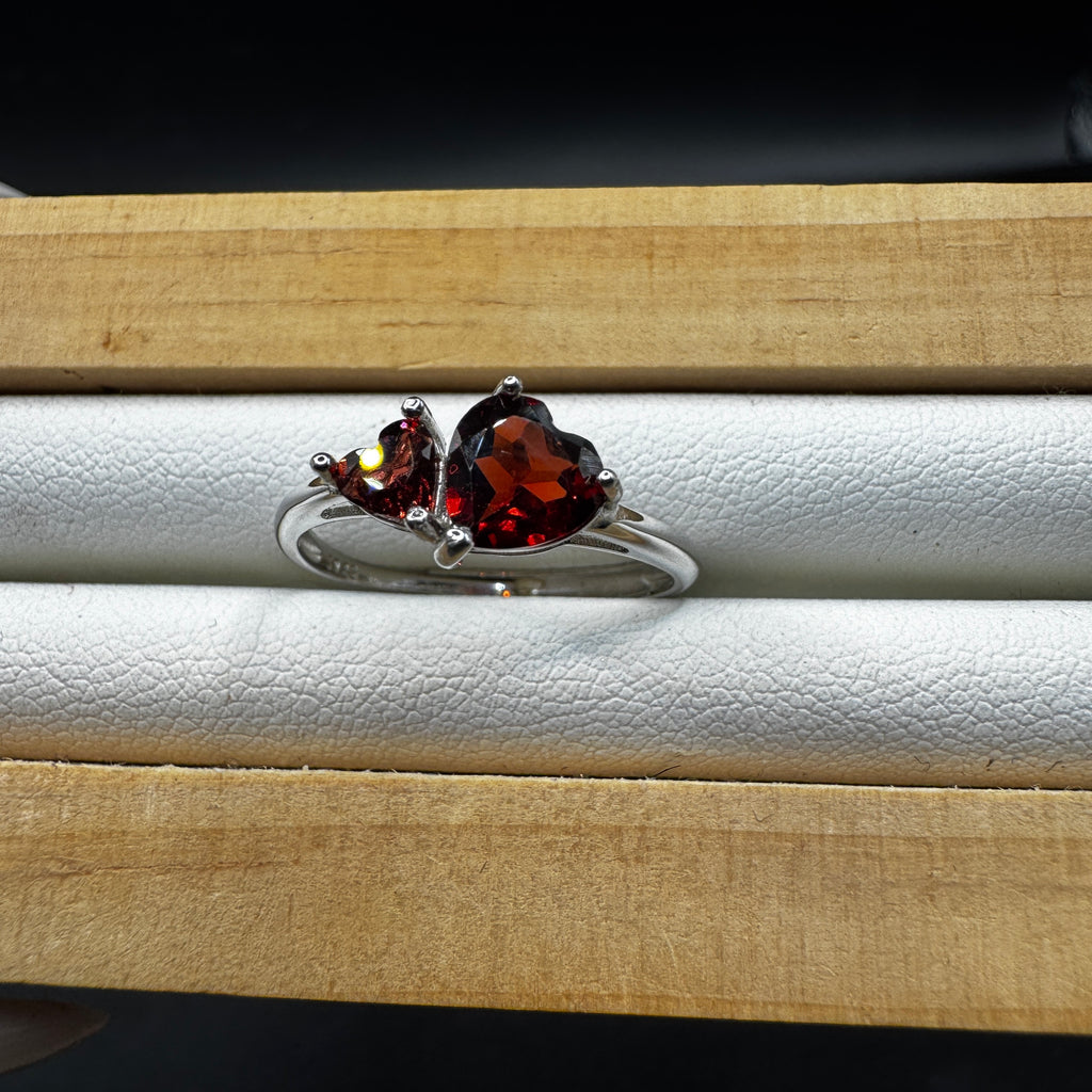 Garnet Double Heart S925 Adjustable Ring