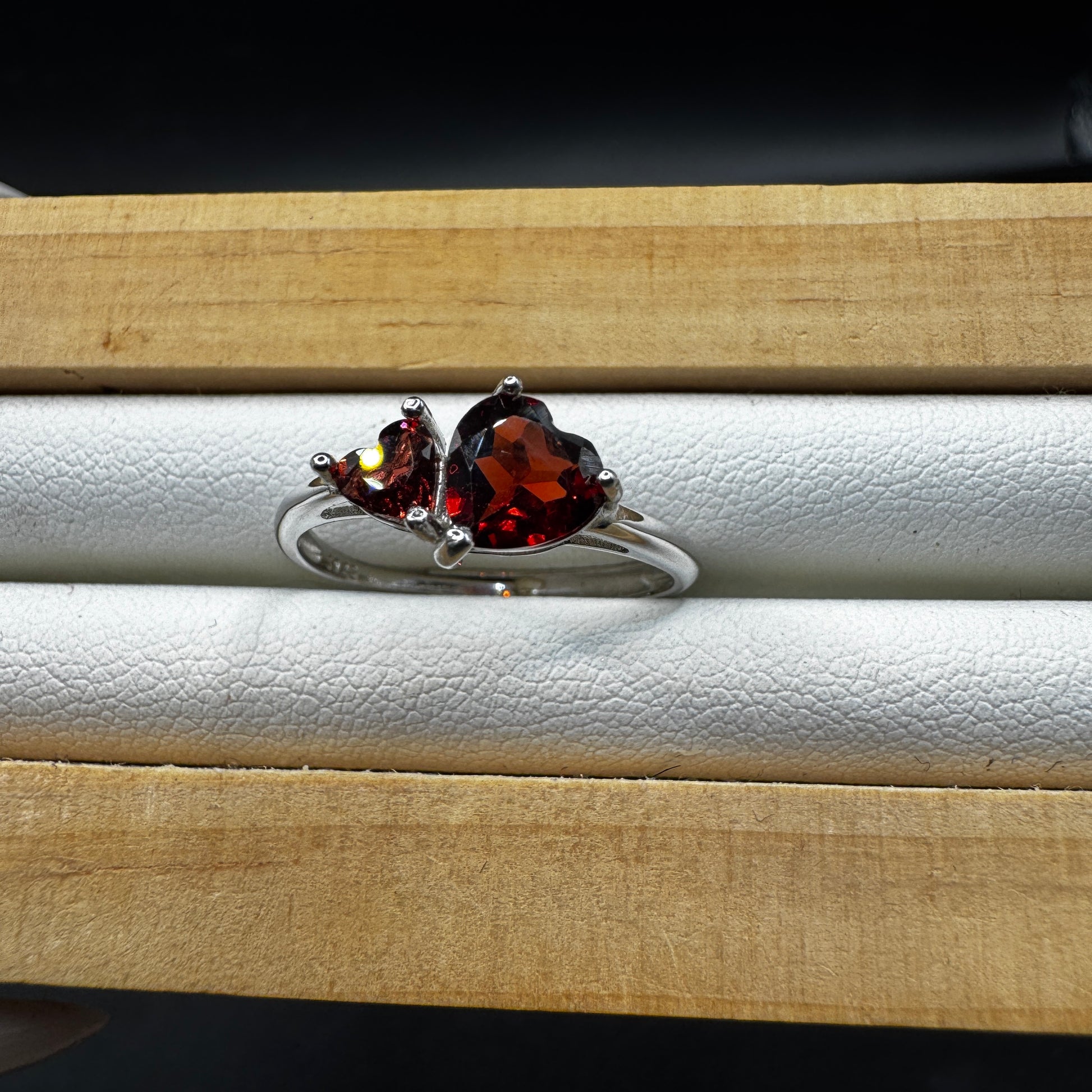 Garnet Double Heart S925 Adjustable Ring